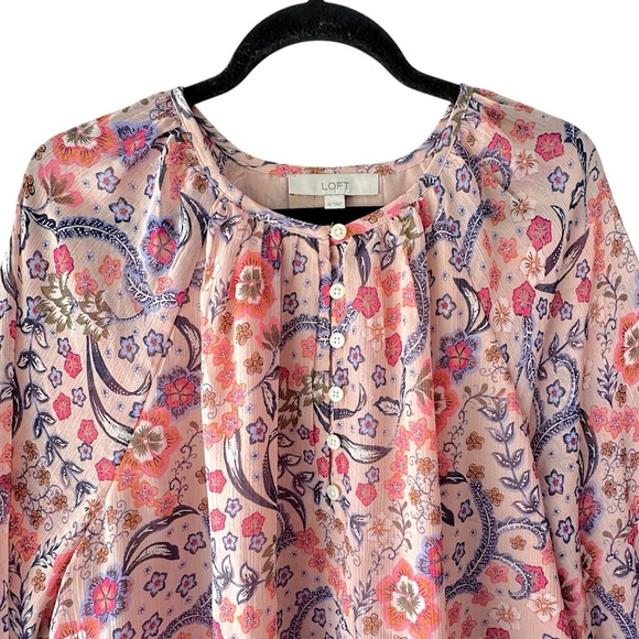 LOFT | NWOT BLOOM BUBBLE SLEEVE HENELY TOP FLORAL LINED | EXTRA LARGE - Picture 3 of 12